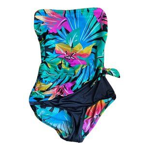 vintage one piece swimsuit strapless floral side tie medium Vibrant Colorful